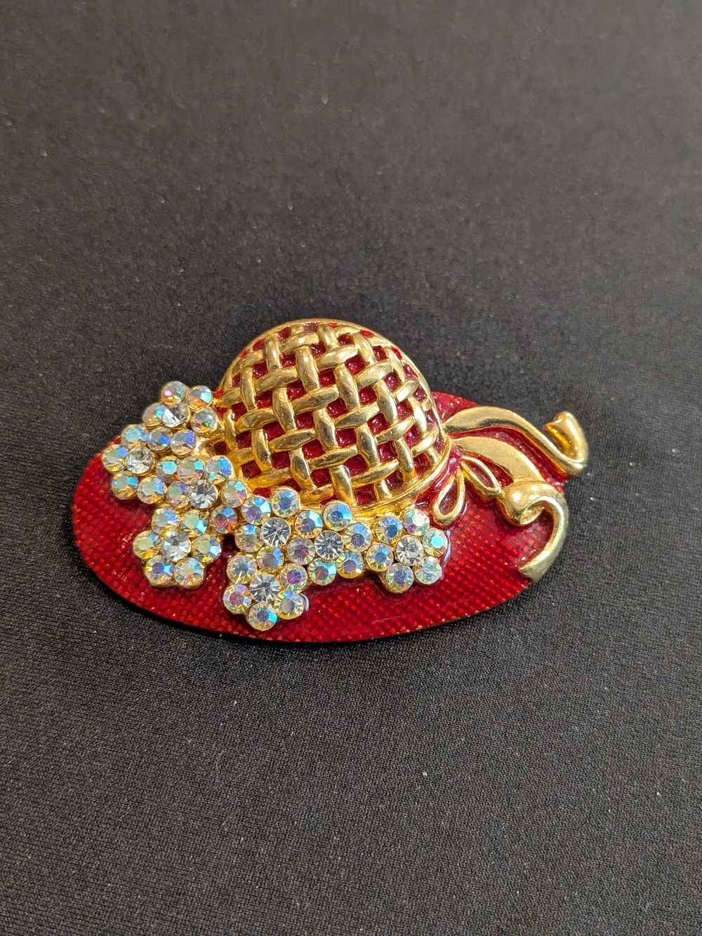 Vintage Red Enamel Straw Hat Brooch with AB Crystal Flowers - Unbranded